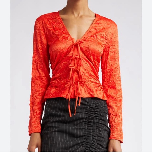 GANNI Red Crinkled Blouse In Grenadine Toe Front Size 38 / US 6 NWOT - Picture 1 of 7
